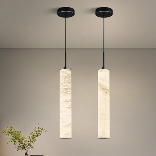 Natural Alabaster Pendant Lights for Kitchen Island White Marble Long Tube Chandelier Modern Black Ceiling Light Fixtures for Bedroom Dining Room Table Living Room Hallway (2 Count)
