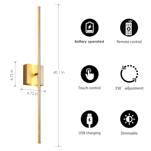 40.1 Inch Wall Sconces Battery Operated for Living Room Gold (2 Count)