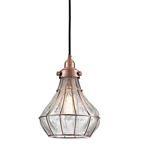 Vintage Pendant Light Red Copper Crack Glass Shade Wire Cage