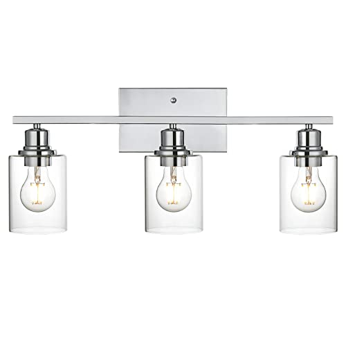 3 Light Wall Light Fixture with Clear Glass Shade Classic Bathroom Vanity Lighting Fixture in Chrome Finish Metal Wall Mounted Lamp for Powder Room Hallway (3 Count)