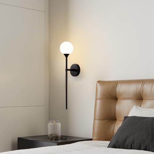 Single Black Globe Glass Wall Sconce with Milk White Glass Shade