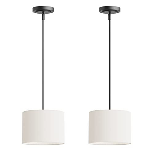 9" Dia White Linen Drum Shade Hanging Pendant Light Fixture with Black Pole Kit (2 Count)