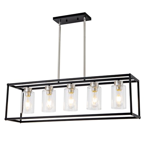 5 Light Dining Room Light Fixture Modern Farmhouse Chandeliers Over Table Black & Brushed Nickel Rectangular Pendent Lighting for Kitchen with Glass Shade Hanging Industrial Ceiling Light