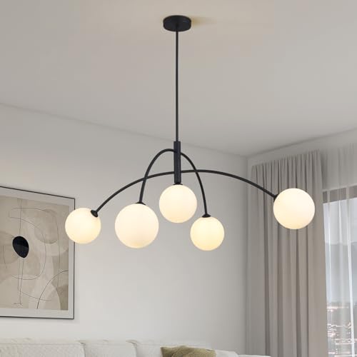 Mid Century Chandelier Black Ceiling Light 5 Light Sputnik Light Fixture with White Glass Globe Adjustable Modern Sputnik Chandelier for Dining Room Kitchen Bedroom…