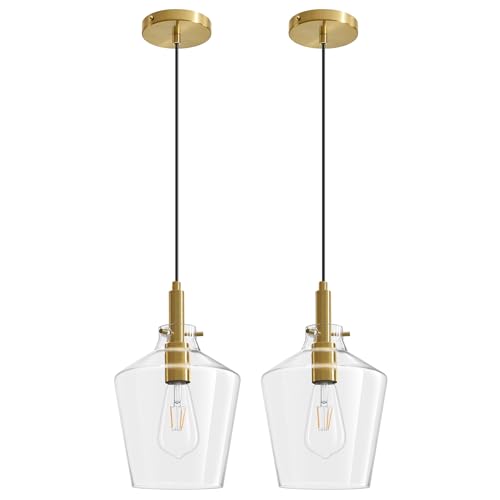 Glass Pendant Lighting for Kitchen Island Entryway 2 Pack Gold Clear 8 Inch (2 Count)