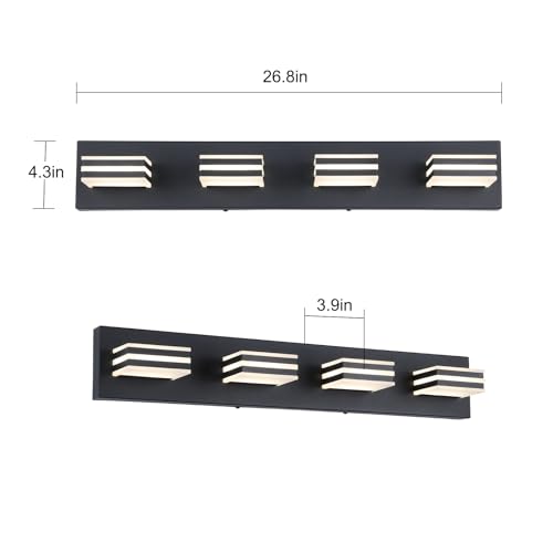 4 Light LED Black Vanity Lights for Bathroom Light Fixtures Adjust 3 Colors Modern Bath Lighing Over Mirror LED Vanity Light 27inch Acrylic Heads (4 Count)