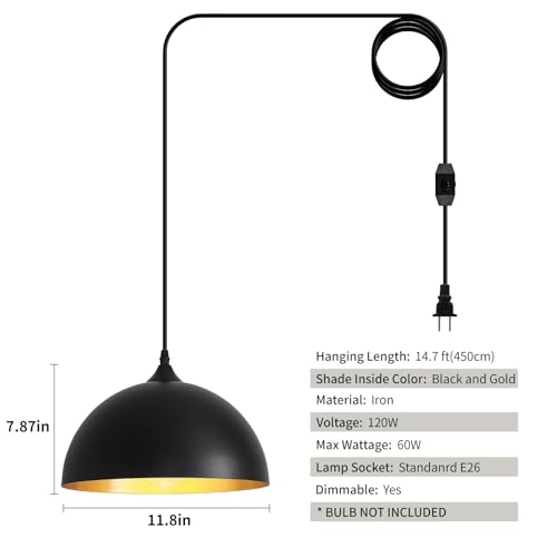 Black Plug in Pendant Light 2 Packs 11.8inch
