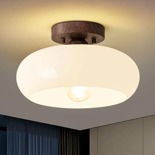 Mid Century Modern Faux Walnut Wood Semi Flush Ceiling Light 11.0 Inch