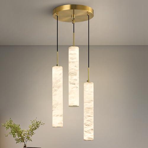 Natural Alabaster Pendant Lights for Kitchen Island White Marble Long Tube Chandelier 4000K Modern Gold Ceiling Light Fixtures for Bedroom Dining Room Table Living Room Hallway