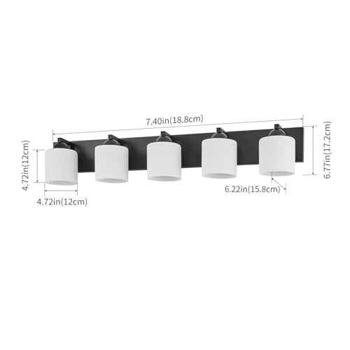 5 Light Black Bathroom Vanity Light with White Glass Shades