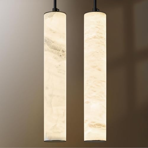 Natural Alabaster Pendant Lights for Kitchen Island White Marble Long Tube Chandelier 4000K Modern Black Ceiling Light Fixtures for Bedroom Dining Room Table Living Room Hallway