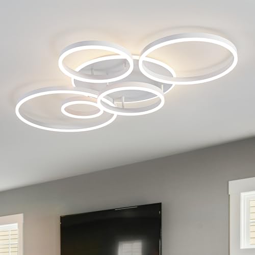 Modern LED Ceiling Light White Flush Mount Ceiling Lights Fixtures Dimmable 47" Dining Room Light Fixture with Remote 6 Rings Kitchen Lighting Fixtures Ceiling Lamp for Bedroom