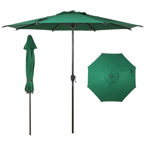 9FT Lyon Outdoor Patio Umbrella Outdoor Table Umbrella with Push Button Tilt and Crank Market Umbrella 8 Sturdy Ribs UV Protection Waterproof for Garden Deck Backyard Pool Dark Green