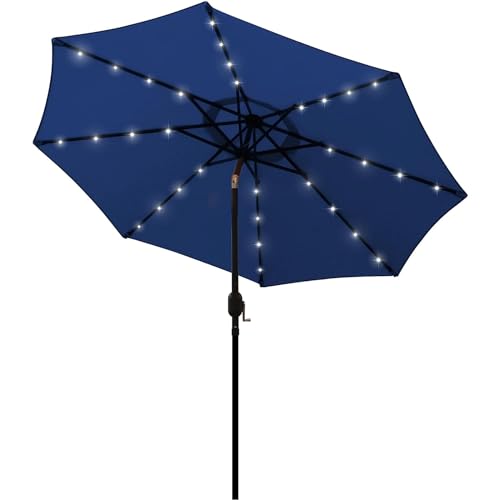 9 ft Solar Umbrella 32 LED Lighted Patio Umbrella Table Market Umbrella with Tilt and Crank Outdoor Umbrella for Garden