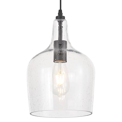 Seeded Glass Pendant Light Modern Black 1 Light Single Dome Pendent Lighting Fixtures for Kitchen Island Dining Room Hallway