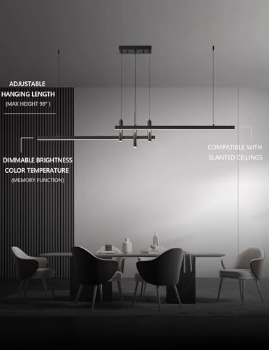 Modern Black Linear Pendant Lights Kitchen Island Lighting Minimalist Led Chandeliers Pool Table Light Dimmable Ceiling Hanging Light Fixture Dining Room with Remote Control