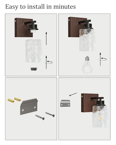 Hammered Glass Battery Operated Wall Sconces Set of Two Black & Walnut