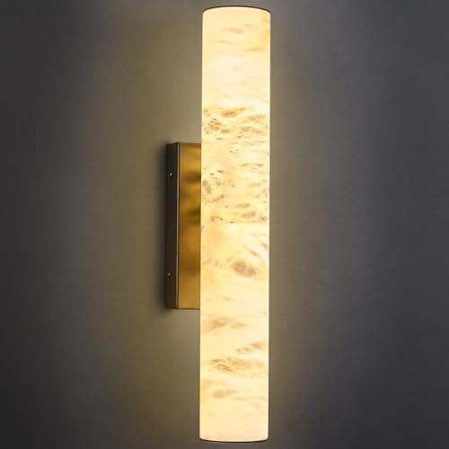 Natural Alabaster Wall Sconces Spanish Marble Wall Light Cylinder Modern Black LED Sconce for Living Room Bedroom Bathroom Stairs（S