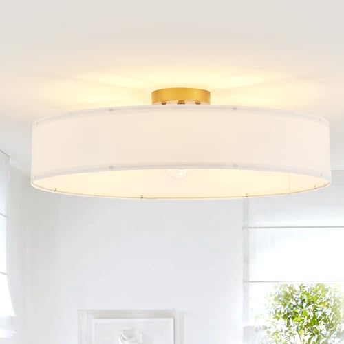 Gold Semi Flush Mount Ceiling Light Fixture with 24" Large White Fabric Drum Shade 5 (5 Count)