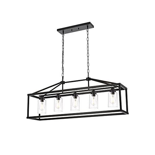 5 Light Farmhouse Chandelier Ceiling Hanging Dining Room Lighting Fixtures Matte Black Modern Pendant Lighting Industrial Rectangular Kitchen Island Chandelier Fixture with Seeded Glass Shade