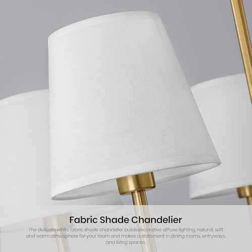 RUIYEY Dining Room Chandeliers Light - 5-Light Gold Modern Chandeliers Light Fixtures with White Fabric Shade, Height Adjustable Pendant Island Light for Entryway Farmhouse