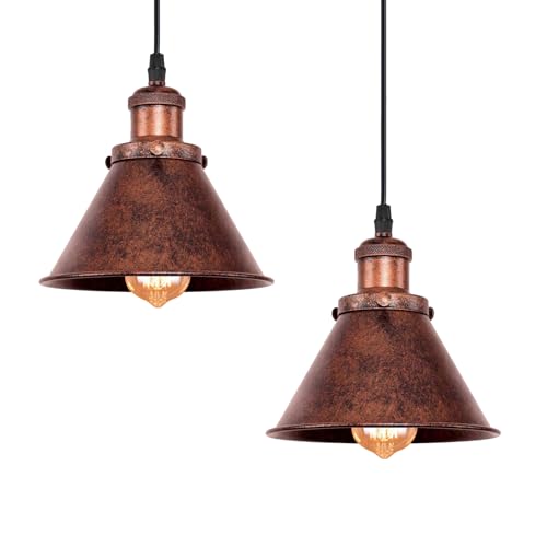 2Pcs Farmhouse Pendant Light Rustic Cone Shade Mounted Fixture Hanging Ceiling Lamp Antique Painted Finish Small Size Light (2 Count)