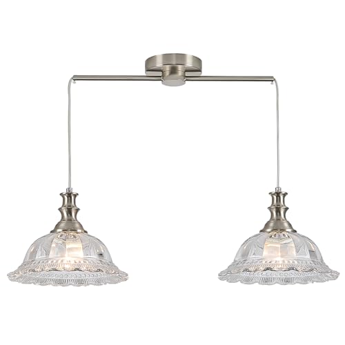 2 Light Pendant Light Fixtures Modern Glass Hanging Lights with Adjustable Cord for Kitchen Island Dining Room Living Room Hallway Brushed Nickel Metal