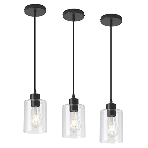 Modern Black Farmhouse Clear Glass Cylinder Pendant Light Fixture (3 Count)