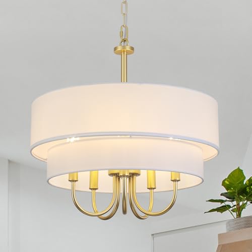 5 Light Gold Chandeliers for Dining Room with White Fabric Shades Two Layer (5 Count)