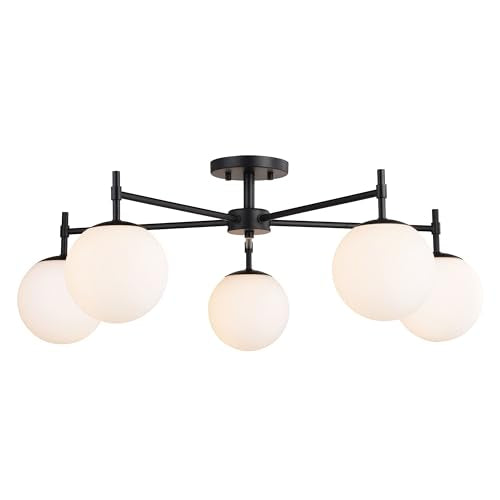 Armitage 32 in W Matte Black Semi Flush Mount Ceiling Light Fixture White Glass Globe Shade