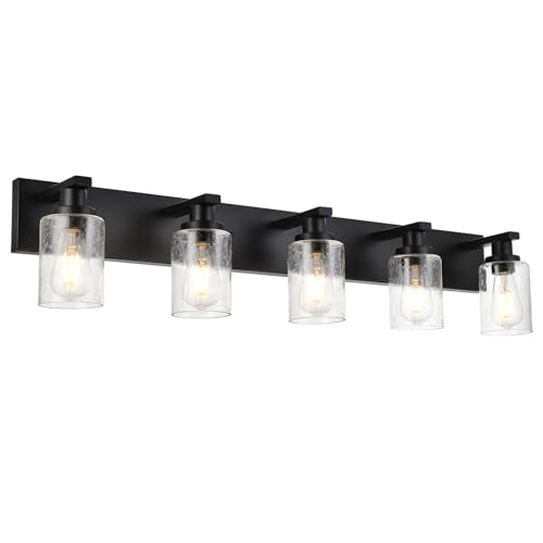 5 Lights Farmhouse Bathroom Vanity Light in Black Finish Wall Mount Lighting Fixtures with Seeded Glass for Mirror Cabinet Kitchen Bedroom