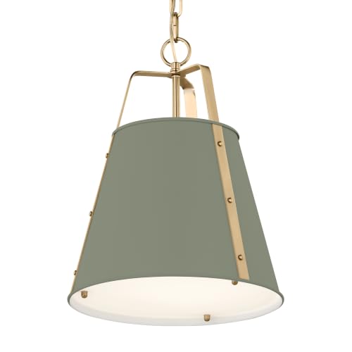 Etcher 13" 1 Light Updated Traditional Pendant with Satin Etched White Glass Diffuser in Heritage Green and Champagne Bronze