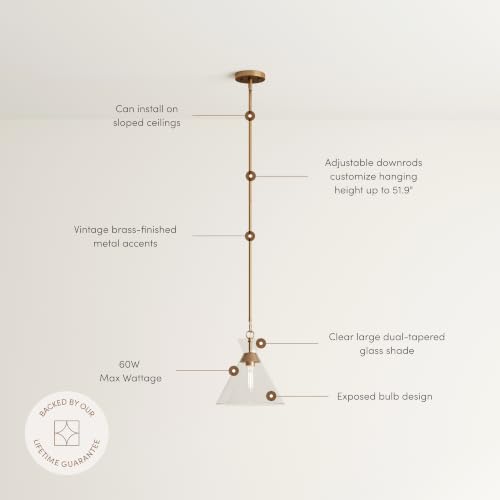 Brighton Vintage Brass Pendant Light with Adjustable Clear Cone Glass Shade for Kitchen Island