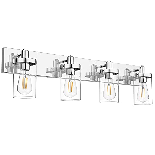 Bathroom Vanity Light Farmhouse 4 Light Chrome Vanity Lighting Fixtures with Clear Glass Shade