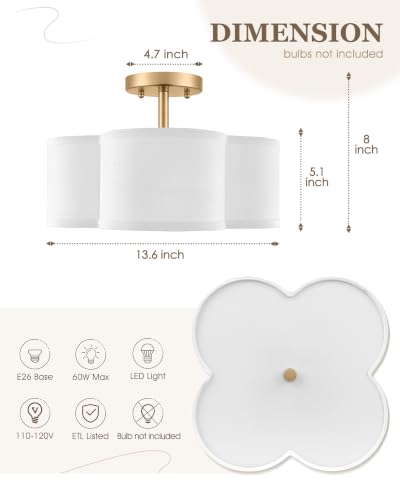 13.6" Gold Semi Flush Mount Ceiling Light with Fabric Shade