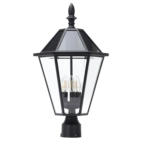 12513LE4-SL-Head LED Post Solar Light Outdoor, Dusk to Dawn Vintage Street Lights for Lawn Patio Yard Pathway Garden Mount (Base Not Included)