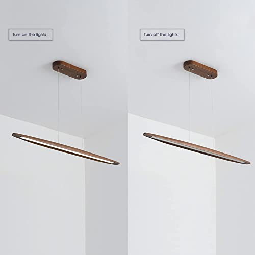 Wood Linear Pendant Hanging Light Fixture Minimalist Light Linear Chandelier Wood Kitchen Island Lighting 40w Dimmable for Dining Room Dining Table Living Room Pool Table Walnut Color