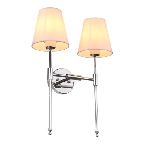Classic Double Sconce Chrome 2 Lights Wall Sconce Rustic Wall Mount Lighting Fixture with Flared White Textile Lamp Shade