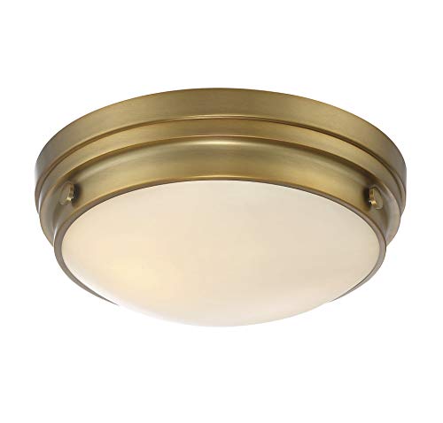 6-3350-14-322 Lucerne Industrial White Glass Flush Mount, 2-Light 120 Total Watts, 5" H x 13" W, Warm Brass
