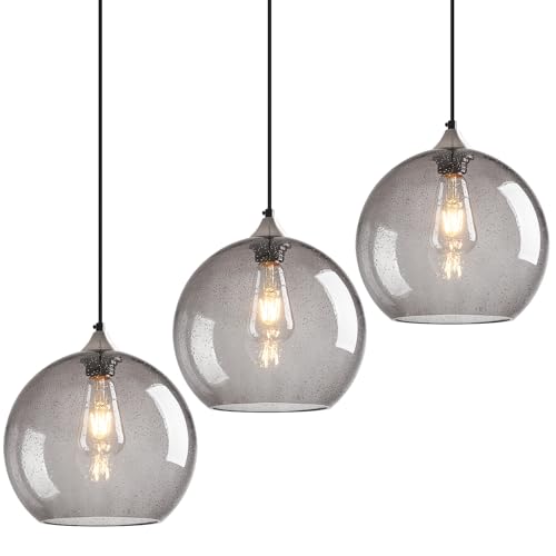 Light Grey Glass Pendant Lights Kitchen Island Globe Pendant Light Fixtures Modern Pendant Lighting for Bedroom Living Dining Room Light Fixture (3 Count)