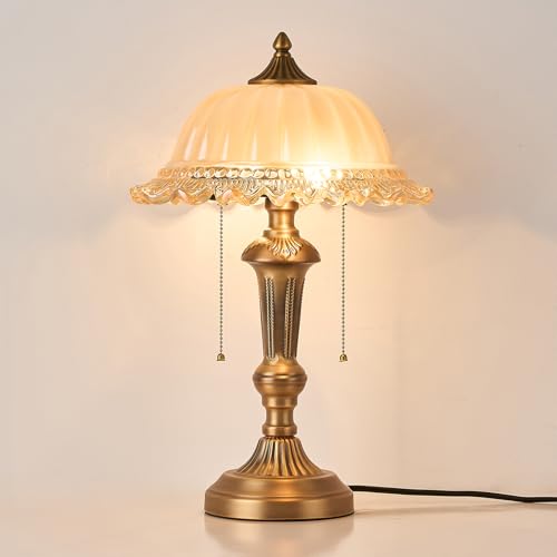 Glass Shade Table Lamp Vintage Metal Desk Lamp 2 Lights Table Light with Plug Switch for Bedroom Living Room Home Office Brass and Brown (2 Count)