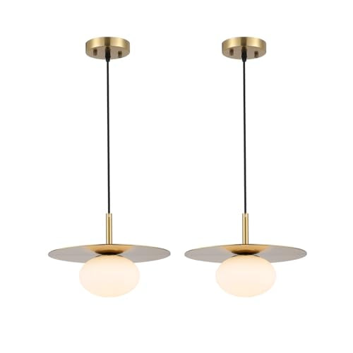 Modern Globe Pendant Lighting Set of Two Milky White Glass Shade Brass Gold Farmhouse Pendant Light 11.81" Dome Industrial Hanging Ceiling Light Fixture Kitchen Island Dinning Room Bedroom (2 Count)