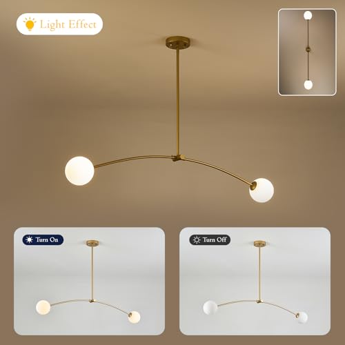 Gold Sputnik Chandelier with Milk Glass Globe 2 Lights L45 Inch