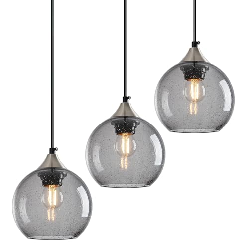 Light Grey Glass Pendant Lights Kitchen Island Globe Pendant Light Fixtures Modern Pendant Lighting for Bedroom Living Dining Room Light Fixture (3 Count)