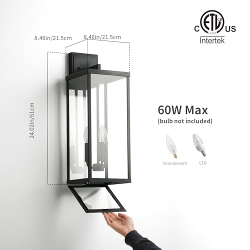 24" Classic Outdoor Wall Sconce 3 Lights in Matte Black Rectangular Metal Frame and Clear Glass Shade Waterproof Porch Light Patio Light Pack of 2 (2 Count)