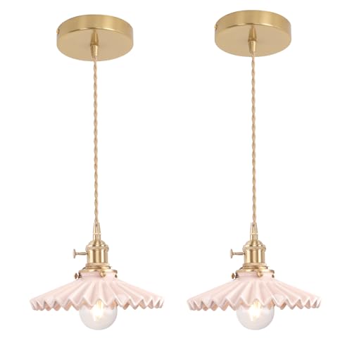 Pendant Light 2 Pack with Pink Pleated Ceramic Lmapshade (2 Count)
