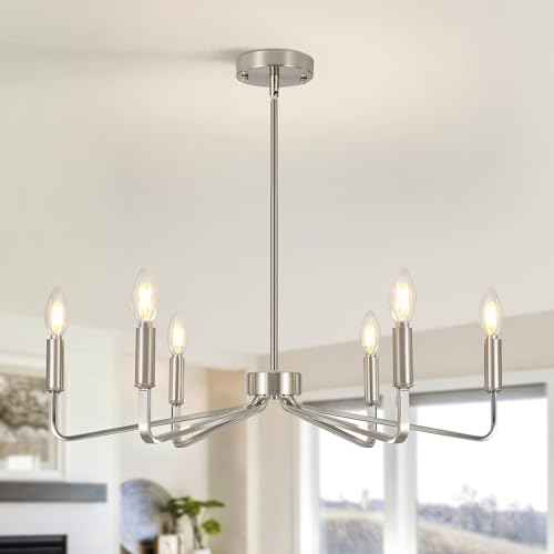 6-Light Brushed Nickel Chandeliers for Dining Room,Farmhouse Light Fixtures for Kitchen,Pendant Lights for Entryway Bedroom Foyer Hall Kitchen Living Room,26in,E12.