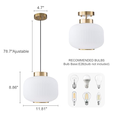 EDSILIVE White Glass Pendant Lights Kitchen Island 11.81" Antique Lantern White Glass Hanging Ceiling Light Fixture with Adjustable Wire for Dining Room Kitchen Table