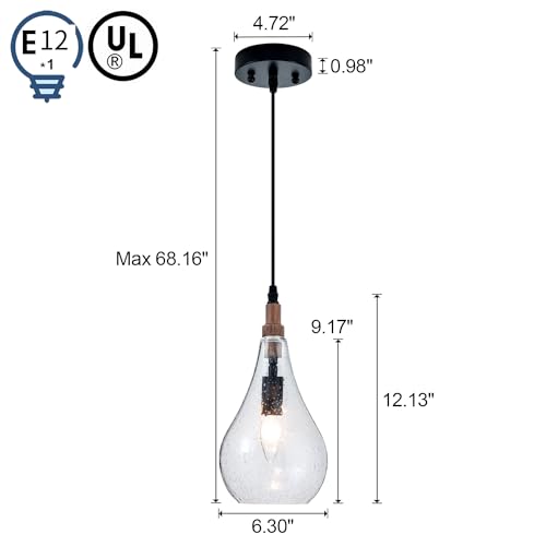 Farmhouse Wood Bubble Seeded Glass Pendant Light Adjustable Industrial Pendant Lighting Fixtures for Kitchen Island Dining Room Bedroom Entryway Sink