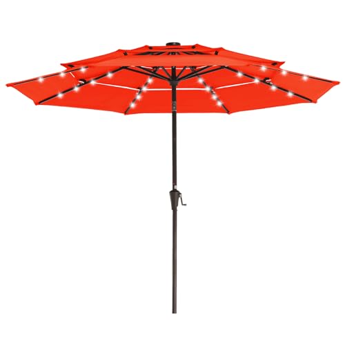 3 Tiers Patio Umbrella with Solar Lights 9ft Outdoor Market Table Umbrellas with Push Button Tilt for Outside Pool Garden
